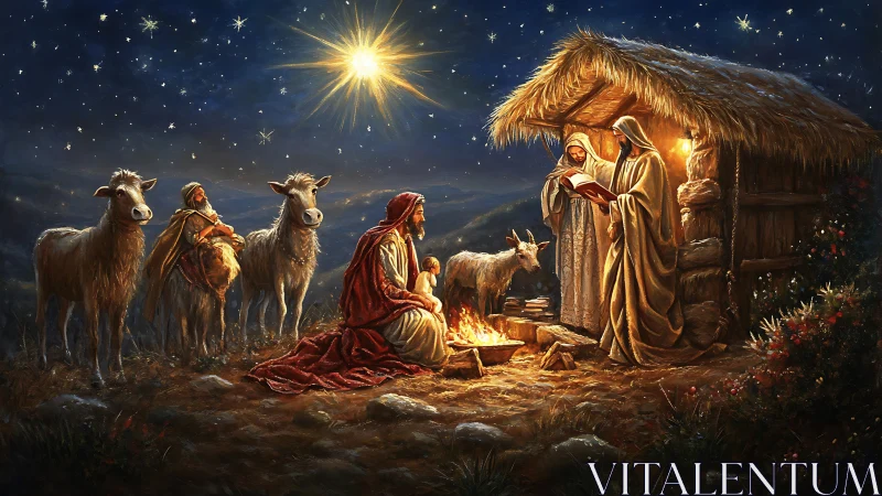 Illuminated nativity tableau under radiant astral convergence.