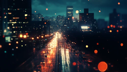 Rainy city boulevard glowing with dreamy neon nightlights.