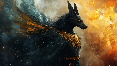 Regal jackal guardian stands between storm and golden fire