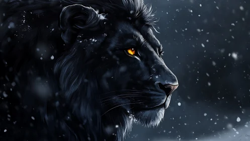 Nocturnal black lion profile in high-contrast digital snowstorm.