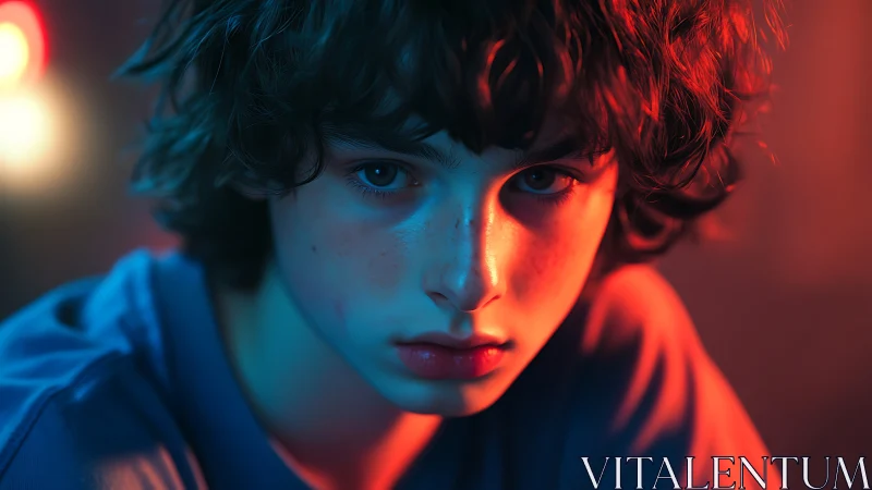 Neon-lit youth caught between ember warmth and electric blue.