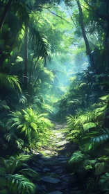 Luminous Jungle Path: Dense Forest Trail with Dappled Sunlight