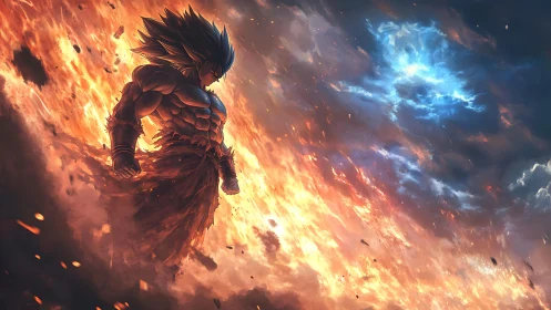 Fiery warrior ascends through molten sky toward blue storm.