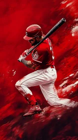 Dynamic red baseball slugger in mid-swing digital artwork.