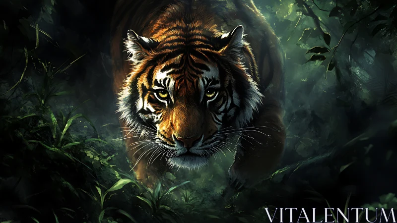 Stalking tiger emerging through shadowed jungle foliage.