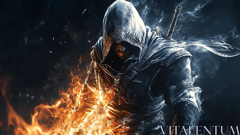 Hooded warrior strides through fire and smoke in darkness