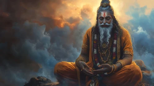 Elderly sage in orange robes meditating amid dense clouds.