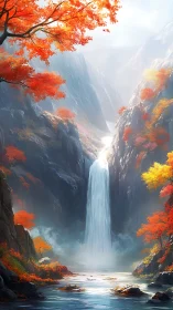 Vertical canyon waterfall framed by vivid autumn foliage