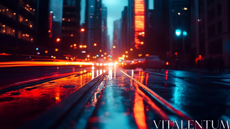 Long-exposure wet street captures urban light trails and bokeh contrast