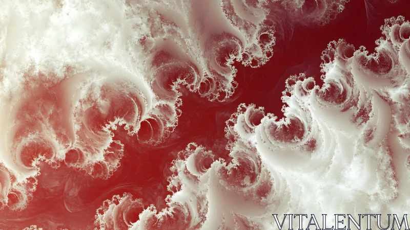 Fractal white clouds swirling over deep red field.