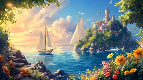 Sunlit sailboats glide toward a dreamy island castle haven.