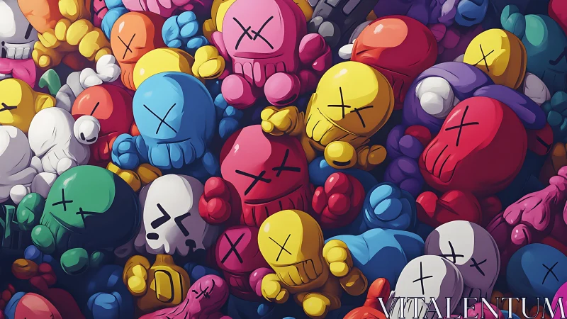 Candy-colored skull pile daydreams in glossy toy chaos
