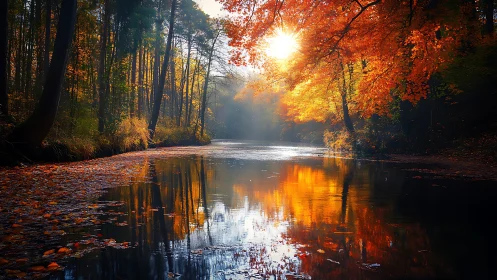 River surface reflects backlit autumn forest at low sun angle
