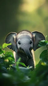 Baby elephant stands among dense green foliage in focus