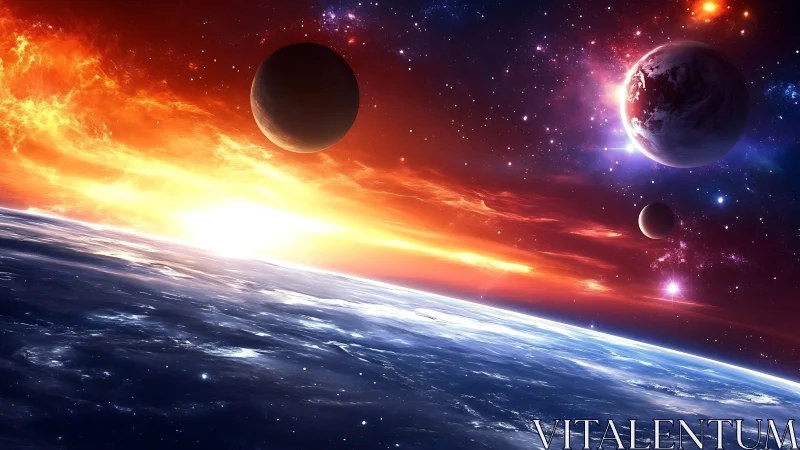 Flaming cosmic sunrise over distant worlds in radiant orbit.