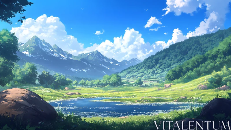 Layered alpine valley landscape with reflective pond and volumetric clouds