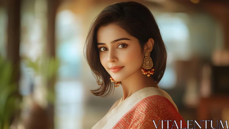 Soft portrait lighting isolates saree-clad woman with shallow depth