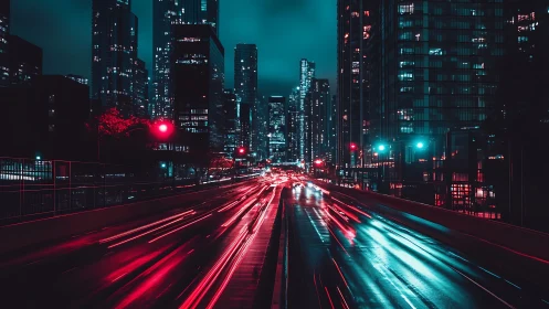 Night traffic light trails through dense urban high‑rise core.