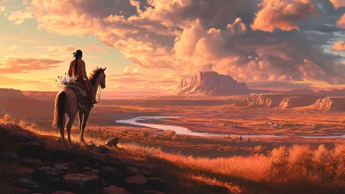 Rider surveys river basin under volumetric sunset cloud formations