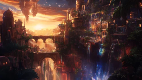 Tiered canyon city with bridges, waterfalls, and sunset sky.