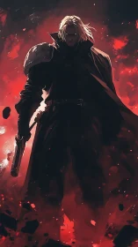 Dark anime gunfighter framed by infernal red flames.