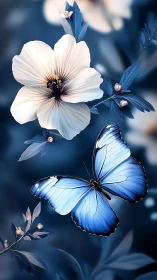 Blue morpho butterfly intersects pale blossom in cool bokeh field