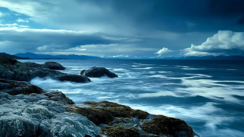 Wild coastal waves roll toward rocky shore under blue sky