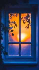 Twilight window ablaze with citrus glow and quiet leaves.