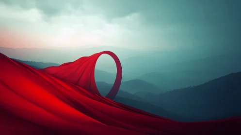 Red fabric loop stretching across misty mountain range.