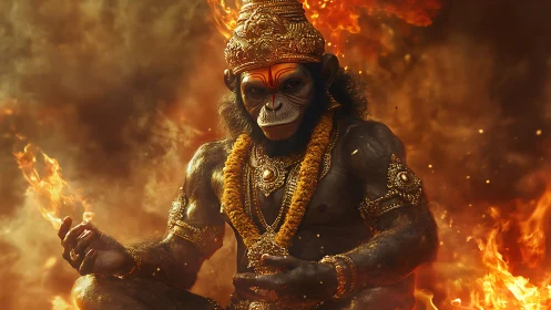 Radiant monkey warrior seated in glowing firelit calm.