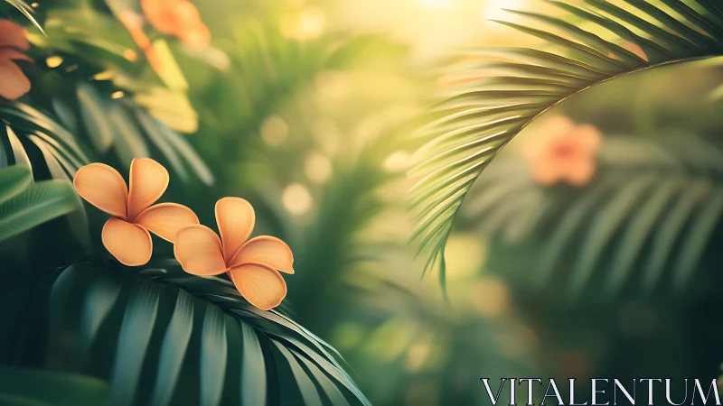 Peach blossoms nestled among palm fronds with bokeh.