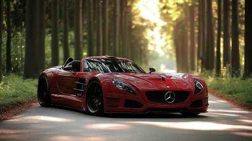 Red Mercedes convertible sports car stands on a forest road