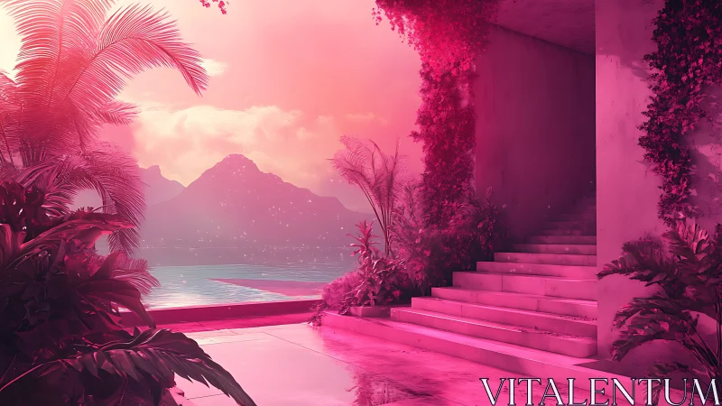 Dreamy pink seaside terrace invites calm steps and wonder