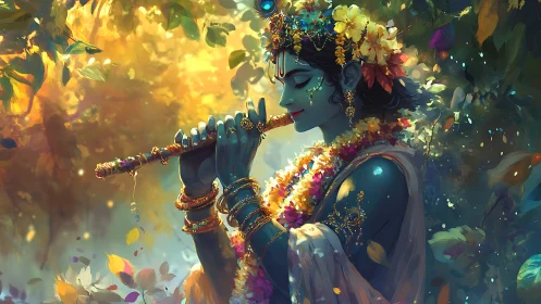 Blue-skinned figure plays flute amid dense glowing foliage