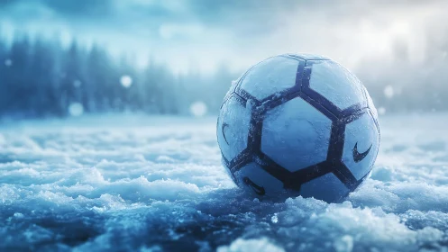 Icy soccer ball on snowfield under cold cinematic backlight.