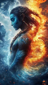 Elemental warrior profile in bifurcated fire and water field.