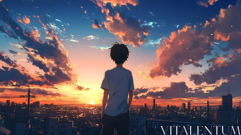 Teenage boy observes vivid sunset above dense city skyline