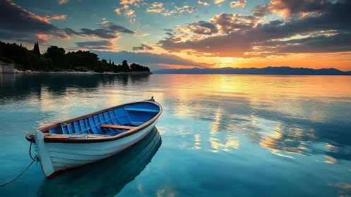Solitary wooden rowboat cradles the sunset’s mirrored sea glow