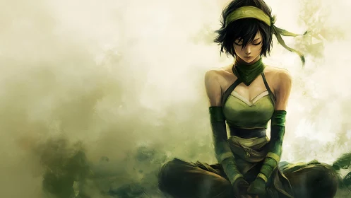Meditative warrior girl in green amidst drifting mist.