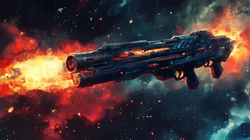 Futuristic plasma rifle streaks through a burning cosmic void