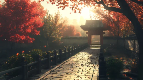 Sunlit stone path passes gate in maple filled garden