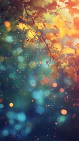 Golden autumn leaves glow above dreamy bokeh lights