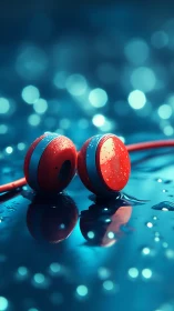 Red wired earbuds with water droplets on reflective surface.