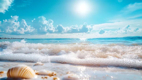 Sunlit shoreline where seashells meet playful waves.