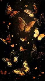 Golden butterflies drift through luminous starry darkness.