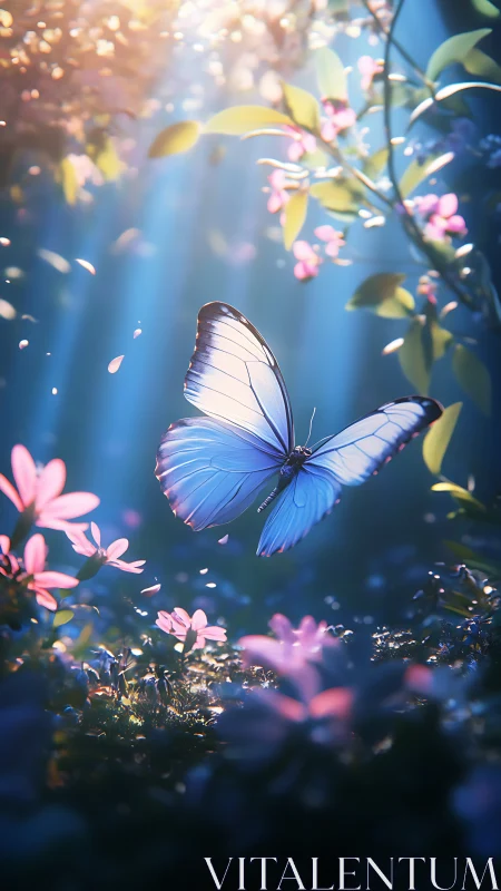 Blue butterfly hovers over pink flowers in backlit forest