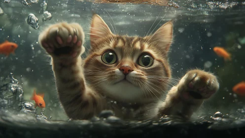Tabby cat underwater touching glass with raised paws and wide eyes