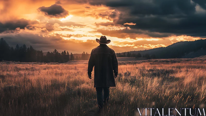 Cowboy walks through tall grass toward dramatic sunset sky