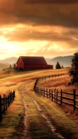 Country dirt road leading to red barn at golden sunset.