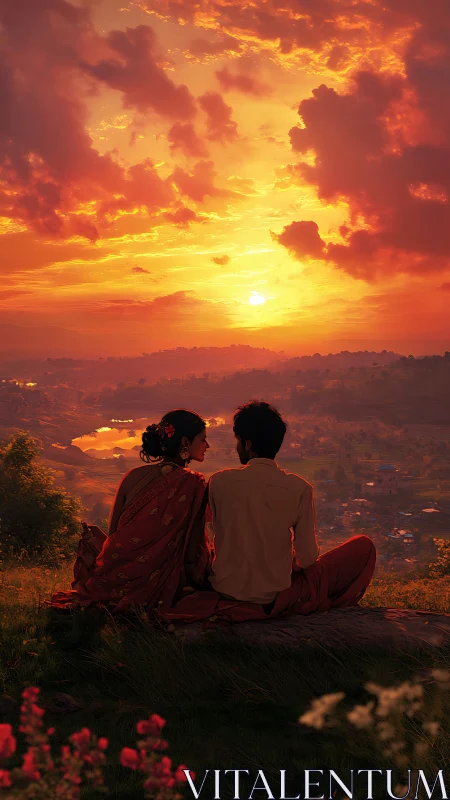 Couple watches golden sunset from hillside overlook.
